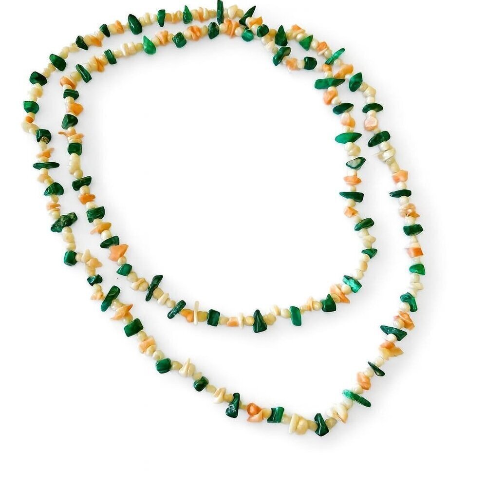 Vintage Multi Gemstone Necklace – Malachite, Coral & Mother of Pearl Chip Beads - Picture 5 of 8